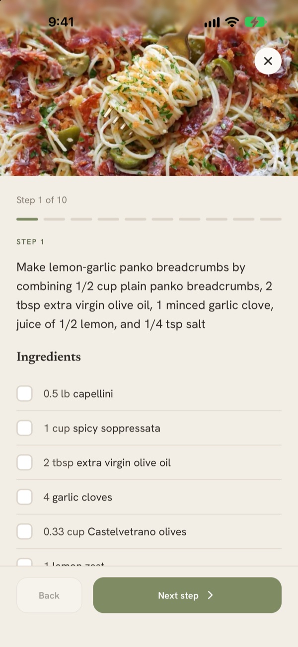 Cook mode showing step 1 of 10 with the ingredients for that step