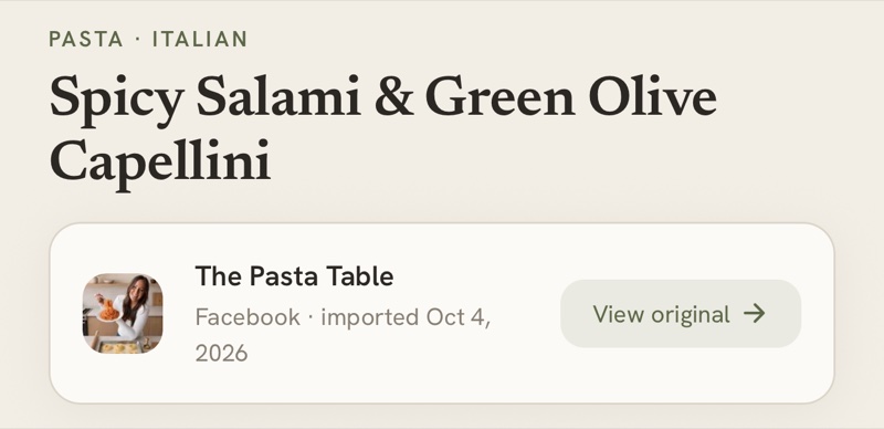A saved recipe showing its creator, The Pasta Table, the platform it was imported from, and a View original button