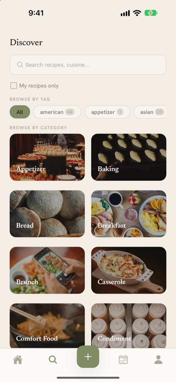 The Discover screen, with search, tag filters, and photo tiles for each recipe category