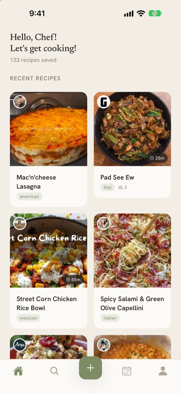 The home screen, showing a grid of recently saved recipes with photos, cuisines, and cook times