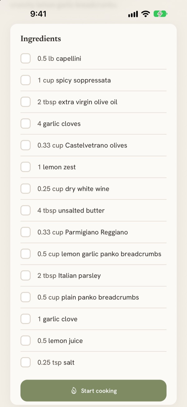 A recipe's ingredient checklist with a Start cooking button